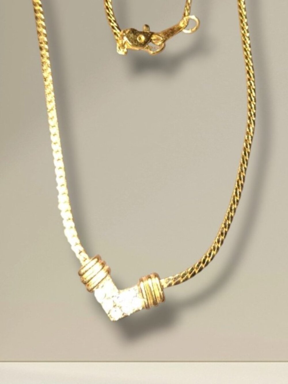 Vintage Goldtone Necklace with chevron rhinestone 16in approx signed korea